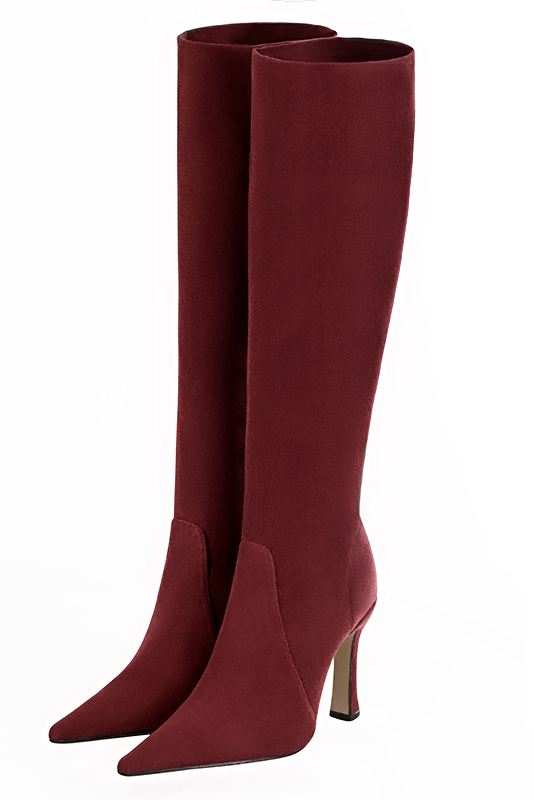 Burgundy red women's feminine knee-high boots. Pointed toe. Very high spool heels. Made to measure. Front view - Florence KOOIJMAN